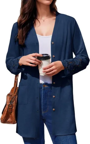 Womens Lightweight Cardigan Casual Long Lace Sleeve Knitted Cardigan Sweaters Open Front Button Down Pockets Outwear