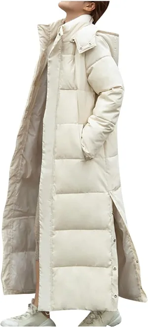Women's Lightweight Long Quilted Coat Winter Coat Thickened Wram Puffer Jacket Hooded Side Slit Buttons Down Coats