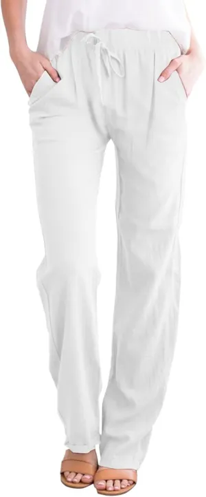 Womens Linen Pants 2025 Summer High Waisted Drawstring Lounge Trousers Beach Straight Wide Leg Palazzo Joggers