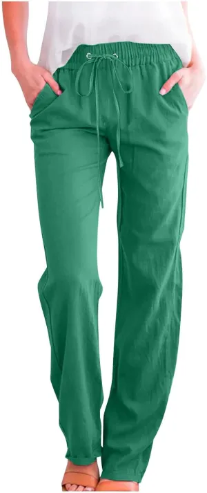 Womens Linen Pants Straight Leg Summer Casual Drawsrting Pants High Waisted Wide Leg Cotton Trousers with Pockets