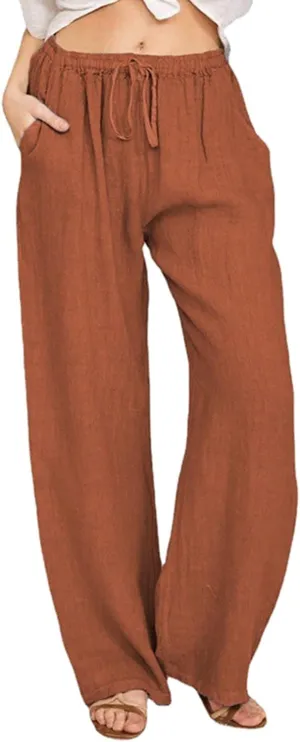 Womens Linen Summer Printed Pants Elastic Waist Stretchy Straight Loose Fit Pant Trousers Vacation