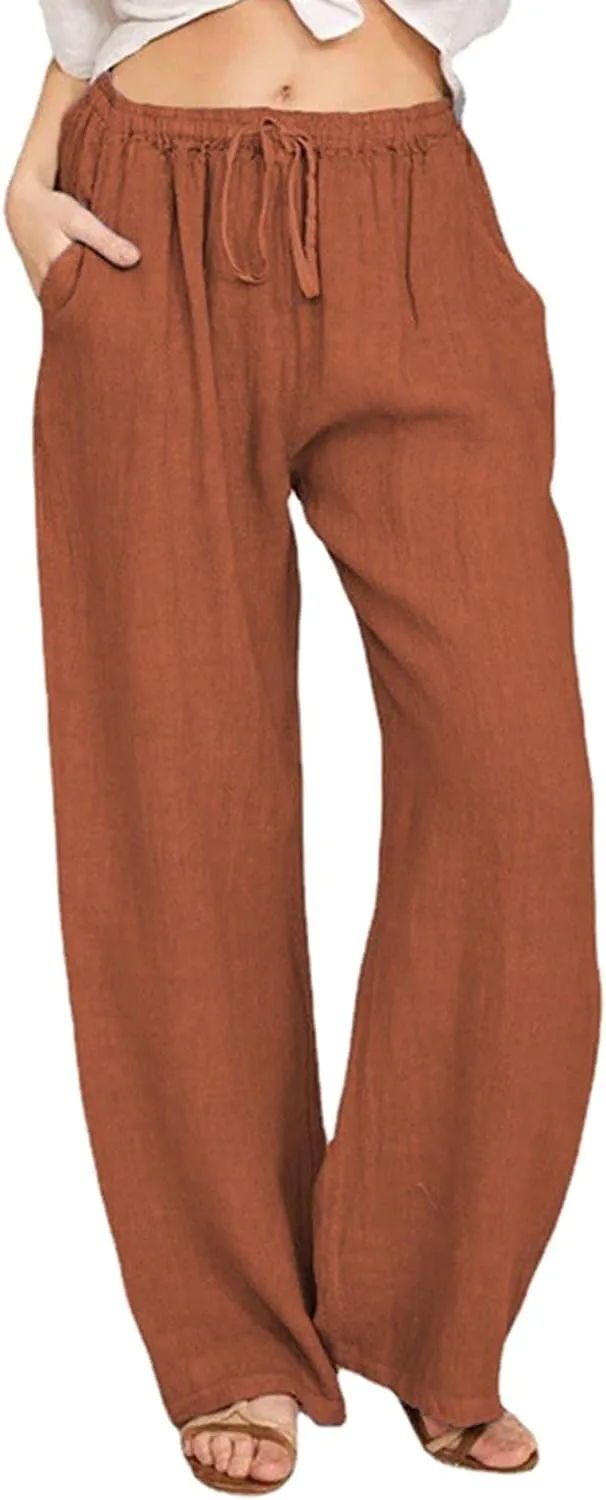 Womens Linen Summer Printed Pants Elastic Waist Stretchy Straight Loose Fit Pant Trousers Vacation