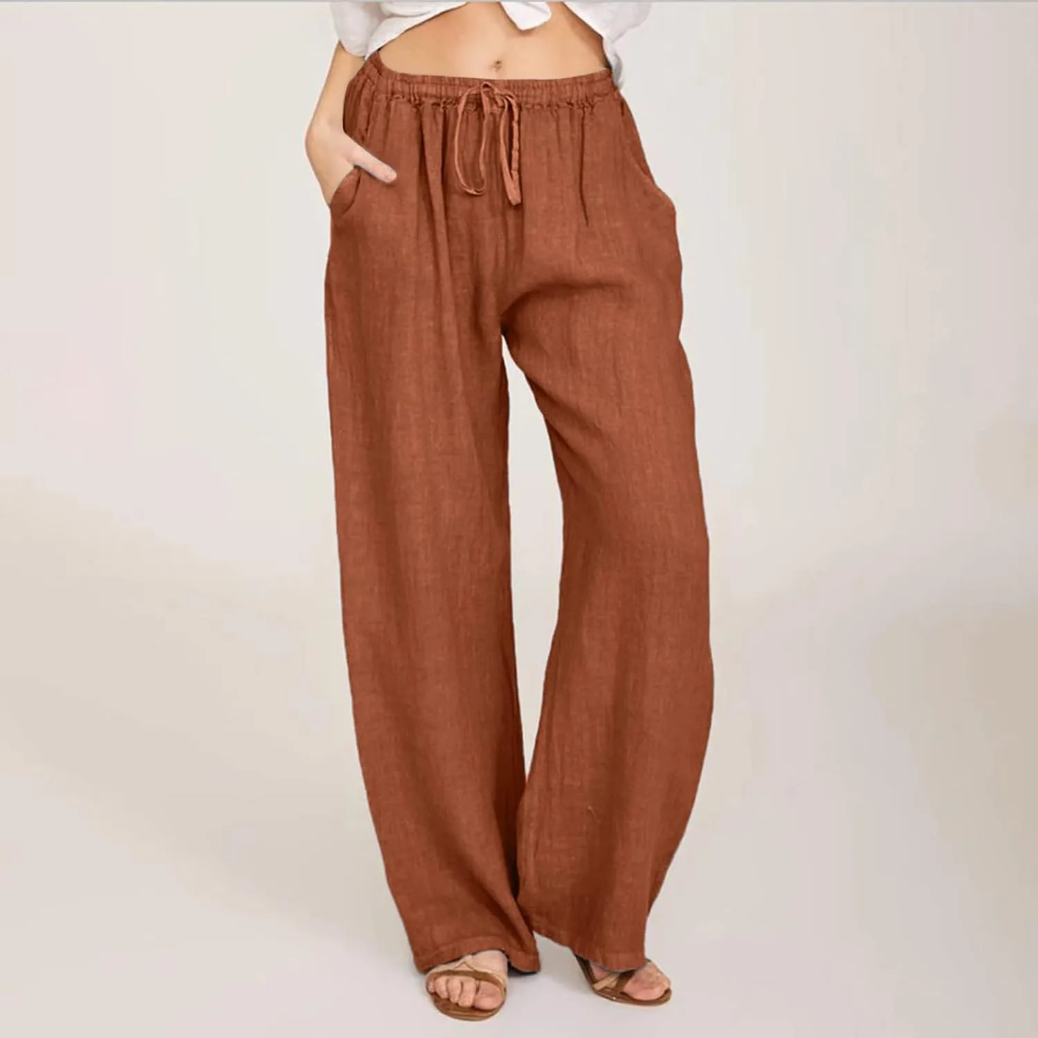 Womens Linen Summer Printed Pants Elastic Waist Stretchy Straight Loose Fit Pant Trousers Vacation