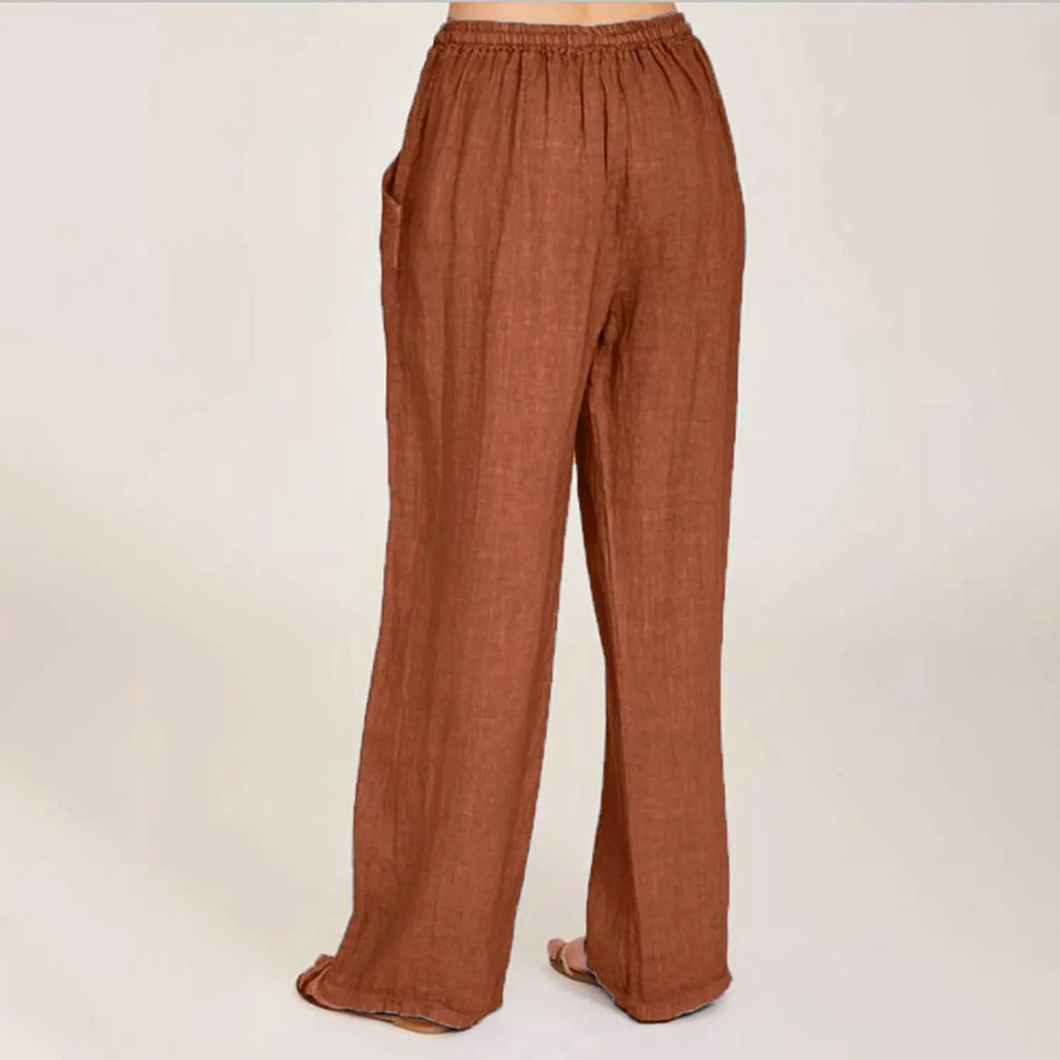 Womens Linen Summer Printed Pants Elastic Waist Stretchy Straight Loose Fit Pant Trousers Vacation
