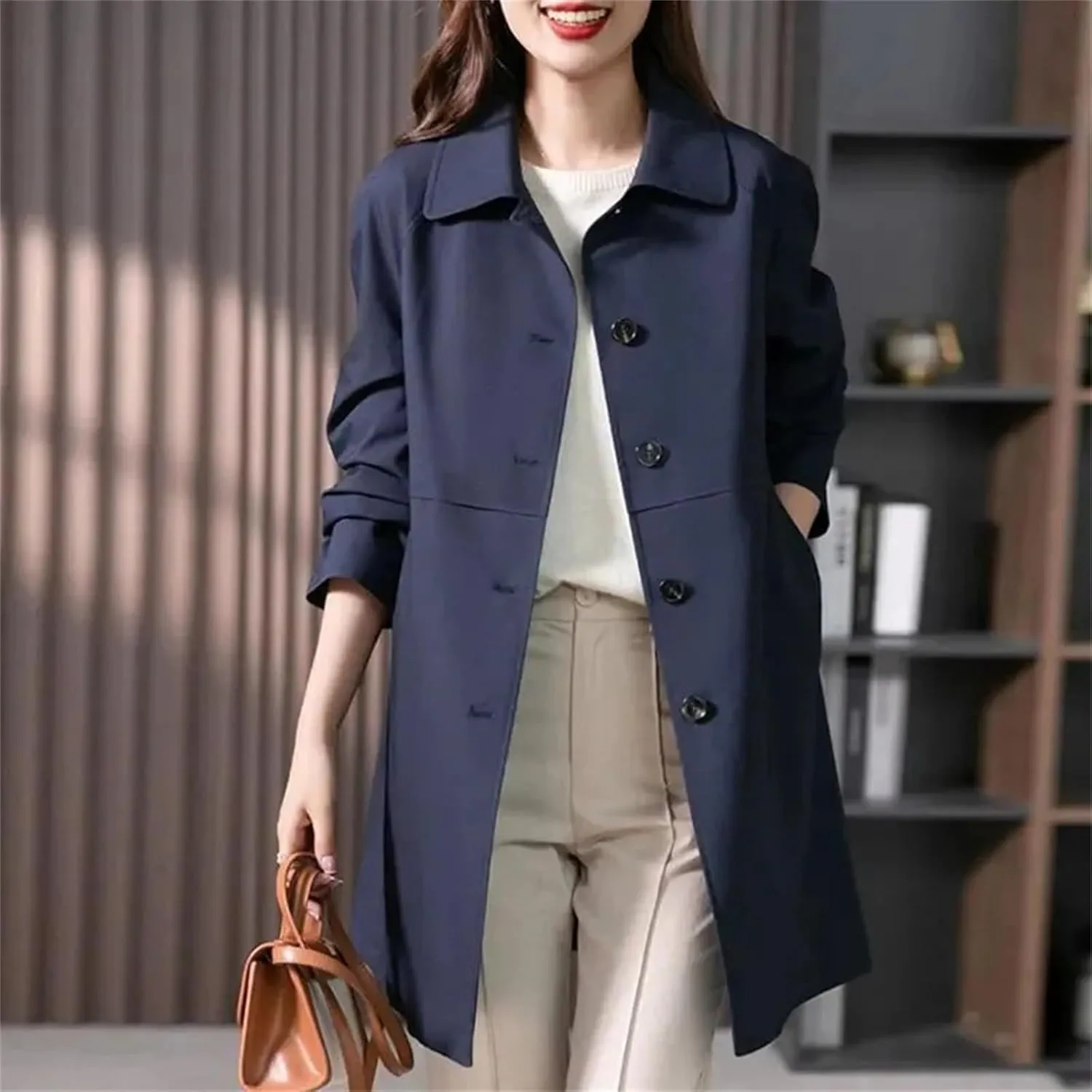Women's Mid-Length Single-Breasted Trench Coat – Spring Jacket Casual Outerwear Work Office Coat With Lining