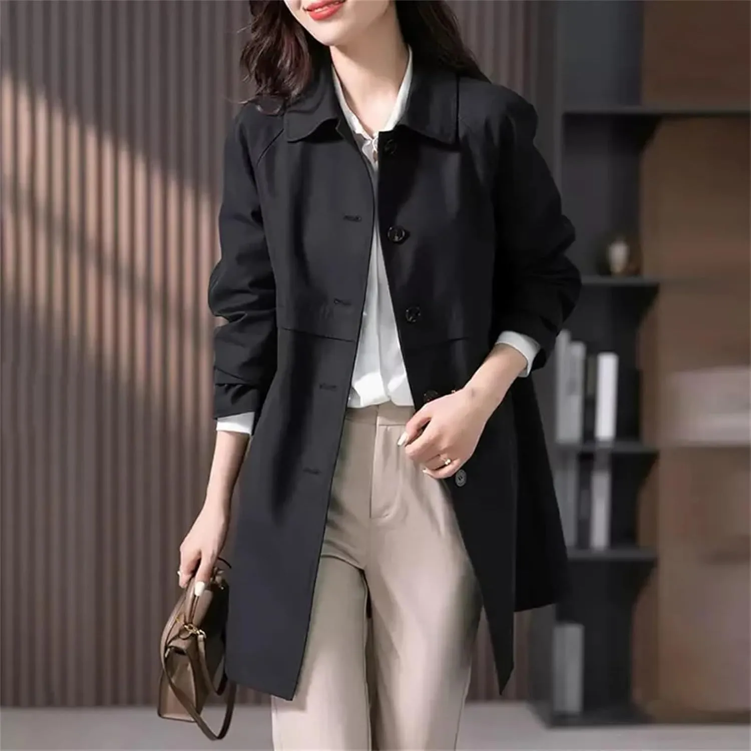 Women's Mid-Length Single-Breasted Trench Coat – Spring Jacket Casual Outerwear Work Office Coat With Lining