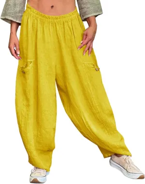 Womens Pajama Pants Linen Solid Color Pocket Baggy Casual Pants Sports Athletic Lounge Pants with Pockets Pajama