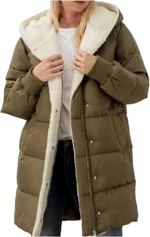 Women's Puffer Jacket Zipper Button Hooded Down Jacket Sherpa Fleece Lined Thickened Jacket Winter Warm Down Coat