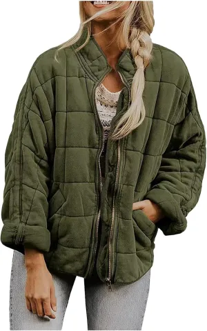Womens Quilted Lightweight Jacket Casual Solid Padded Coat Loose Fit Long Sleeve Zipper Puffer Jackets Winter Coats