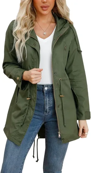 Women's Solid Color Loose Military Hooded Jacket Zip Up Utility Drawstring Waist Anorak Coat with Pockets