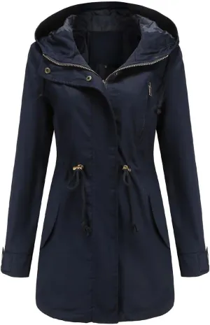 Women's Solid Color Loose Military Hooded Jacket Zip Up Utility Drawstring Waist Anorak Coat with Pockets