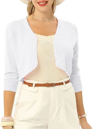 Womens Summer 3/4 Sleeve Bolero Shrug for Dress Open Front Scalloped Knit Cropped Cardigan Sweater Lightweight
