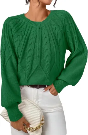 Women's Sweater for Fall Winter Casual Trendy Crew Neck Long Sleeve Loose Cable Knit Ribbed Short Sweater, S-XL