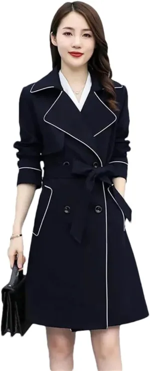 Womens Trench Coats Slim Office Mid-Length Overcoat Classic Double Breasted Oversized Windbreaker