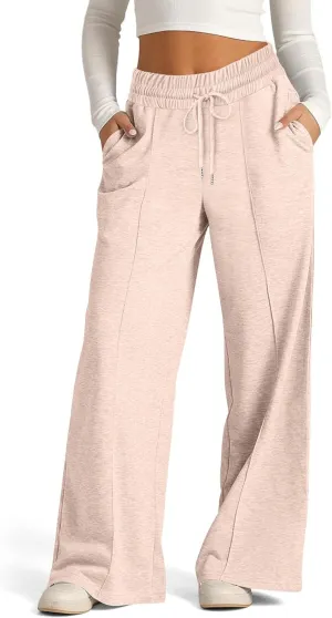 Womens Trendy Sweatpants Stretch Low Waisted Drawstring Wide Leg Lounge Comfy Baggy Running Fitness Pants with Pockets
