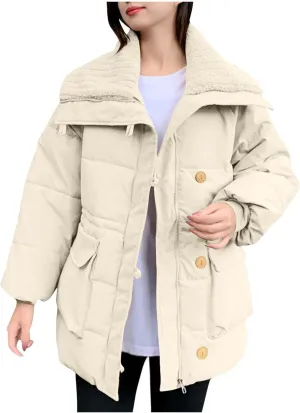 Womens Warm Down Jacket Lapel Lightweight Zipper Long Sleeve Puffer Coat Winter Trendy Solid Outfits with Pockets