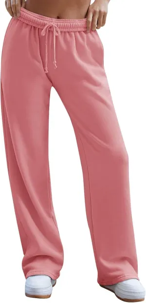 Womens Wide Leg Sweatpants Interior Drawstring Baggy Low Rise Sweatpants Comfy Lounge Jogger Pants with Pockets