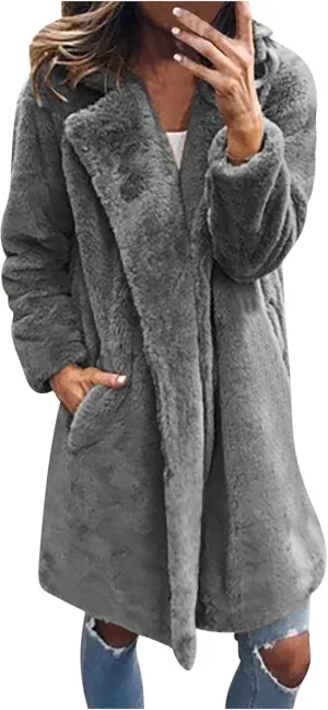 Womens Winter Coats Plus Size Long Sherpa Jackets Casual Plus Size Open Front Cardigan Notch Lapel Fleece Fuzzy Jackets