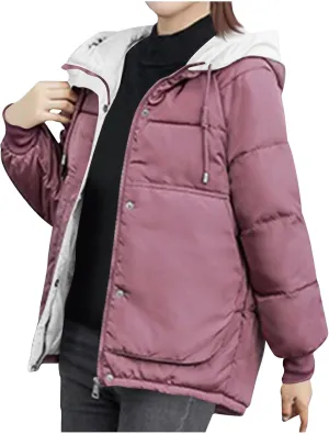 Womens Winter Quilted Hooded Jackets, Full Zip Thicken Long Sleeve Puffer Jacket Windproof Coats with Pocket