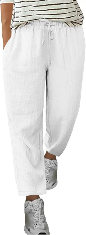 Xiaojmake Women's Linen Pants 2025 Loose Fitting Cropped Trousers Elastic Waist Drawstring Casual Comfy Beach Pants Stretch