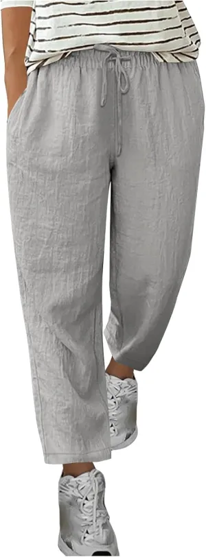Xiaojmake Women's Linen Pants 2025 Loose Fitting Cropped Trousers Elastic Waist Drawstring Casual Comfy Beach Pants Stretch