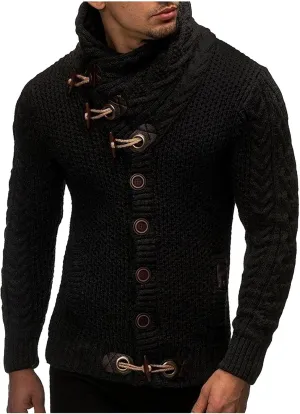 XUETON 2021 Mens Winter Warm Knitted Sweaters Top Turtleneck Cable Button Down Cardigans Casual Jackets Coats Jumper Black