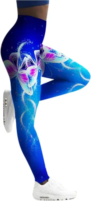 Yoga Pants for Women High Waist Leggings Printed Tummy Control Workout Athletic Pants Running Fitness Compression Patterned Joggers Tights Elastic Waist Gym vest coat 2022 Butterfly I18-Blue
