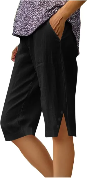 YRAETENM Linen Bermuda Shorts for Women Casual Summer Knee Length Linen Capri Pants Lightweight Beach Shorts with Pockets
