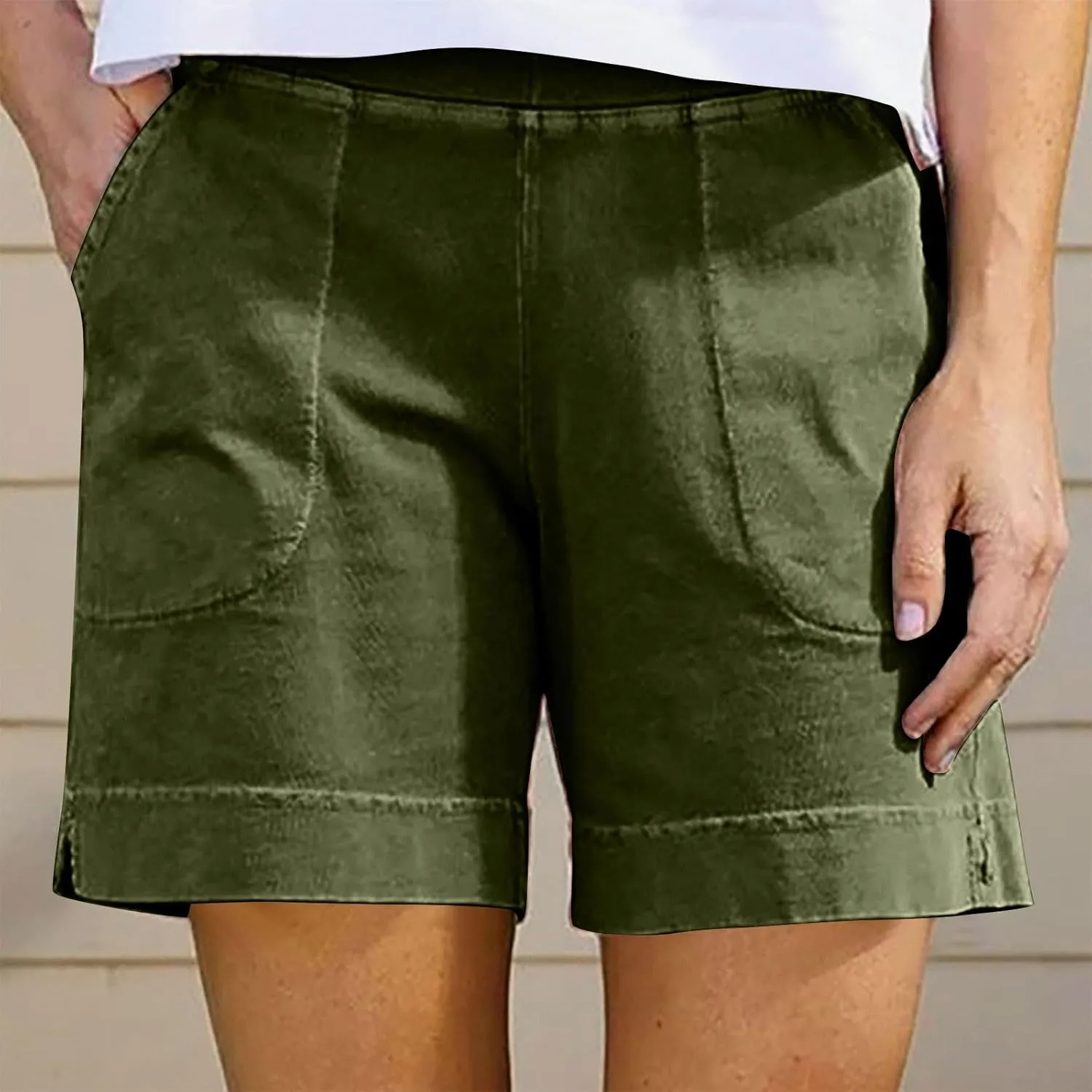 YRAETENM Linen Shorts Women Casual Cotton Bermuda Shorts Summer Elastic Waisted Short Vacation Beach Outfits with Pockets