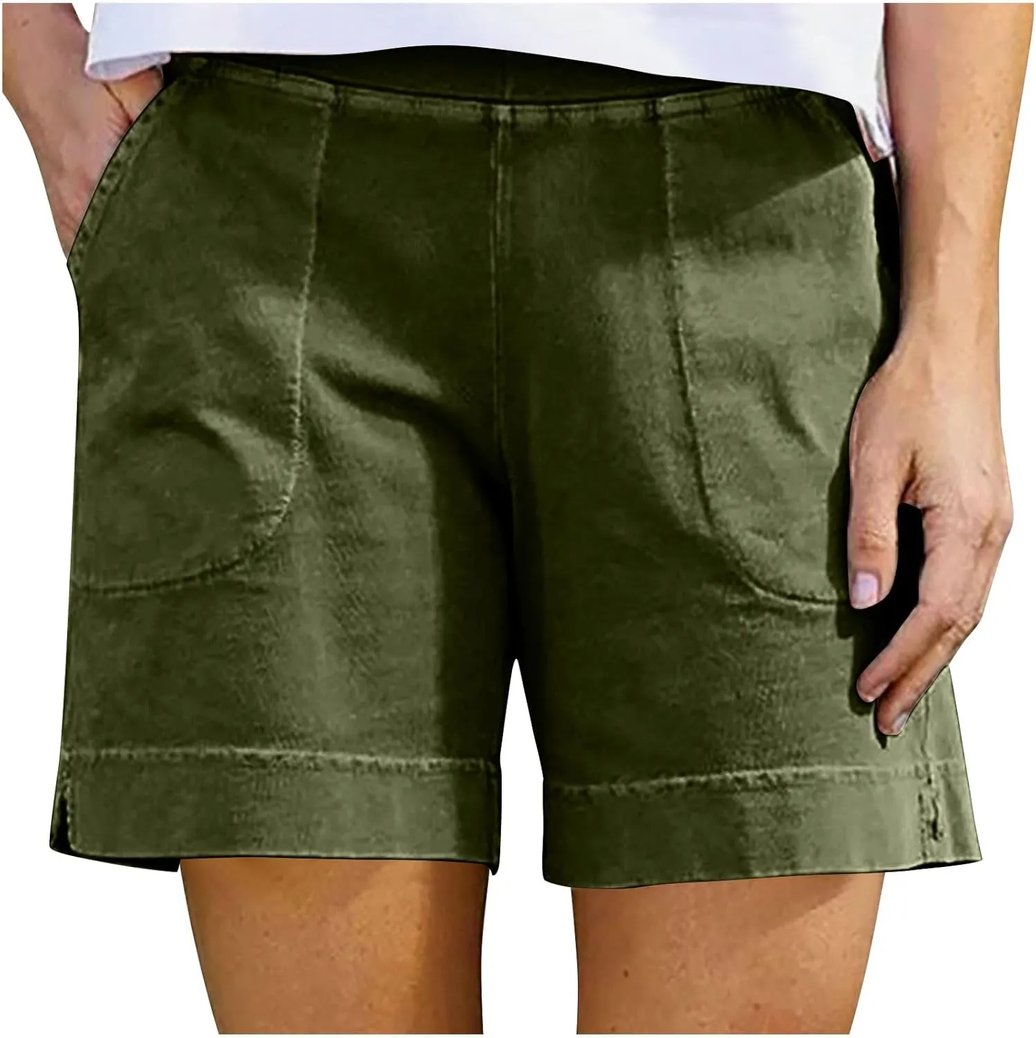 YRAETENM Linen Shorts Women Casual Cotton Bermuda Shorts Summer Elastic Waisted Short Vacation Beach Outfits with Pockets