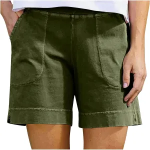 YRAETENM Linen Shorts Women Casual Cotton Bermuda Shorts Summer Elastic Waisted Short Vacation Beach Outfits with Pockets