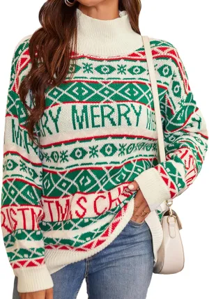 ZAFUL Women's Christmas Snowflake Reindeer Knitted Sweater Long Sleeve Crew Neck Heart Animal Print Pullover Knitwear