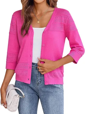 Zeagoo Womens Lightweight Summer Cropped Cardigan 3/4 Sleeve Button up Thin Bolero Crochet Knit Shrug Sweater